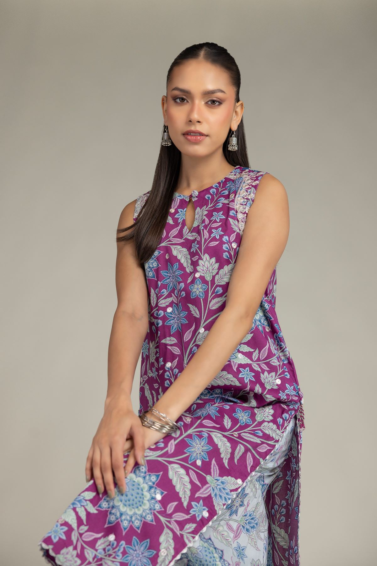 Embroidered Cotton Viscose Floral Sleeveless Kurta - 1-26-227-A-B1-VG