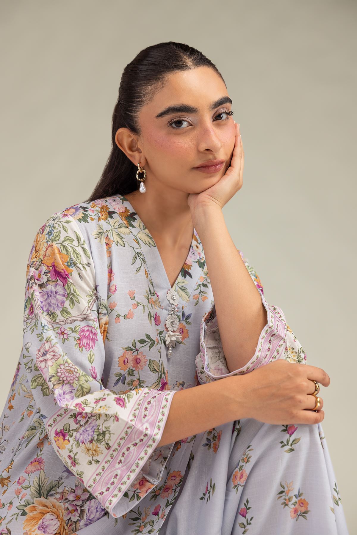 Printed Raw Silk Short Floral Kurta - 1-26-102-A-F-VG