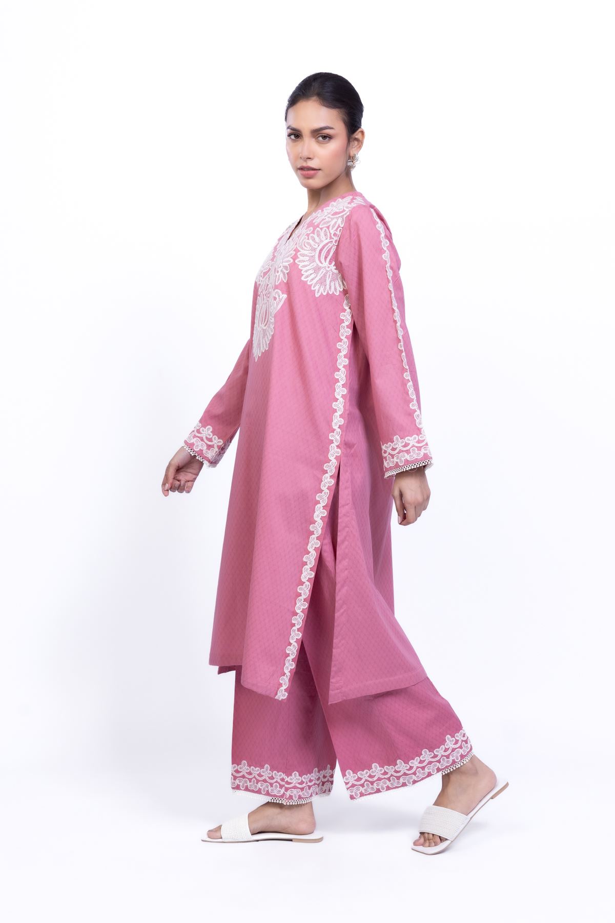 Embroidered Cotton Dobby Pink Cotton Pants - 1-26-223-B-F1-VG