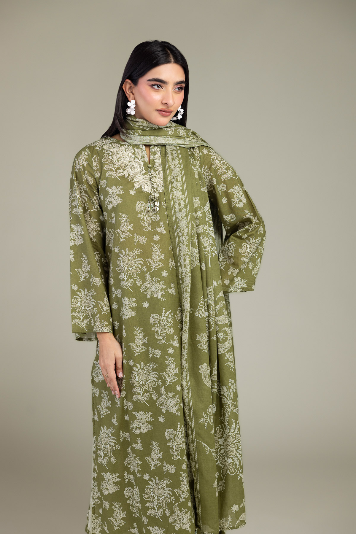 Embroidered Lawn Olive Floral Dupatta - 1-26-309-B-D1-VG