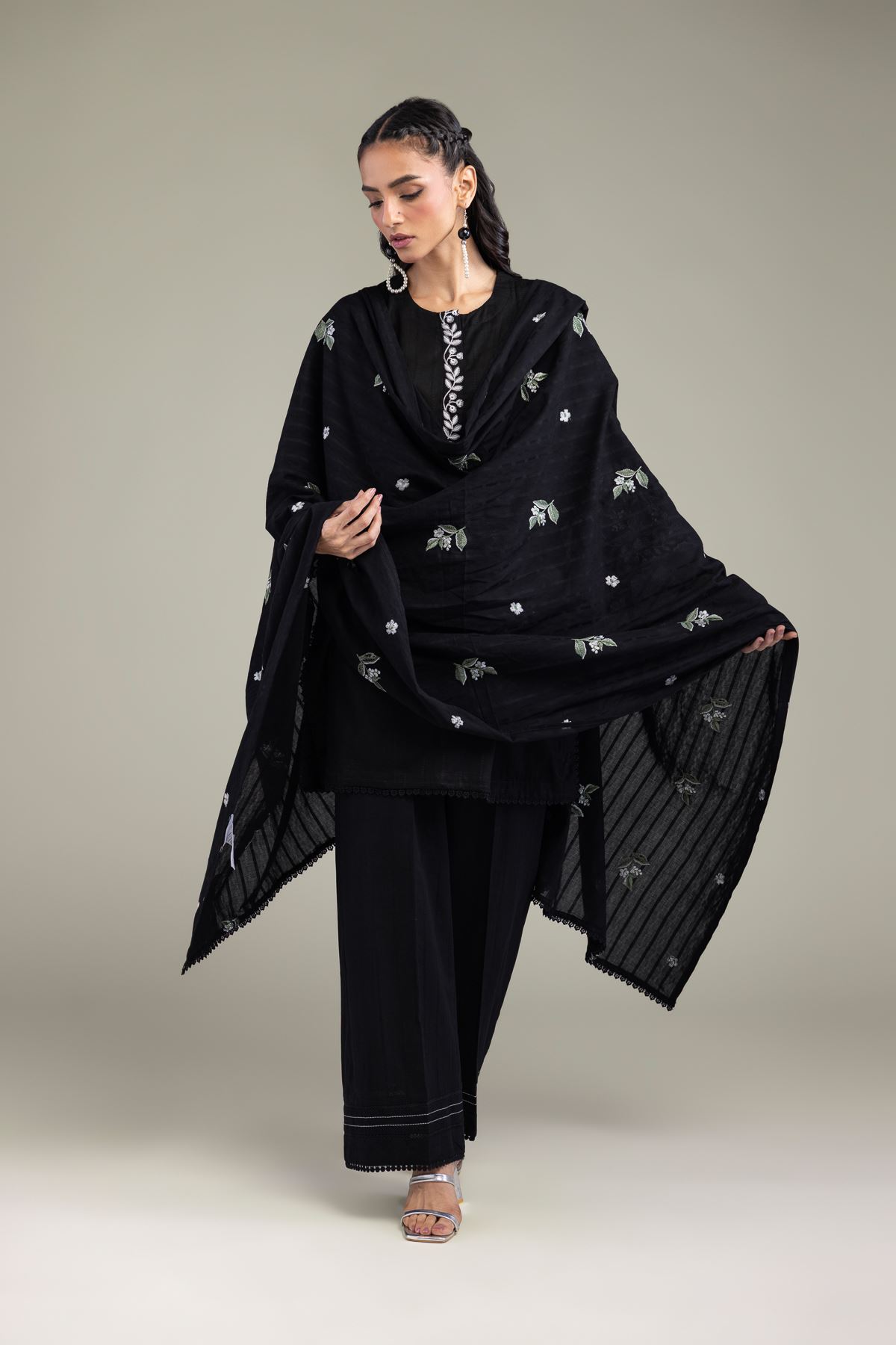 Embroidered Textured Cotton Black Cotton Dupatta - 1-26-131-A-D-VG