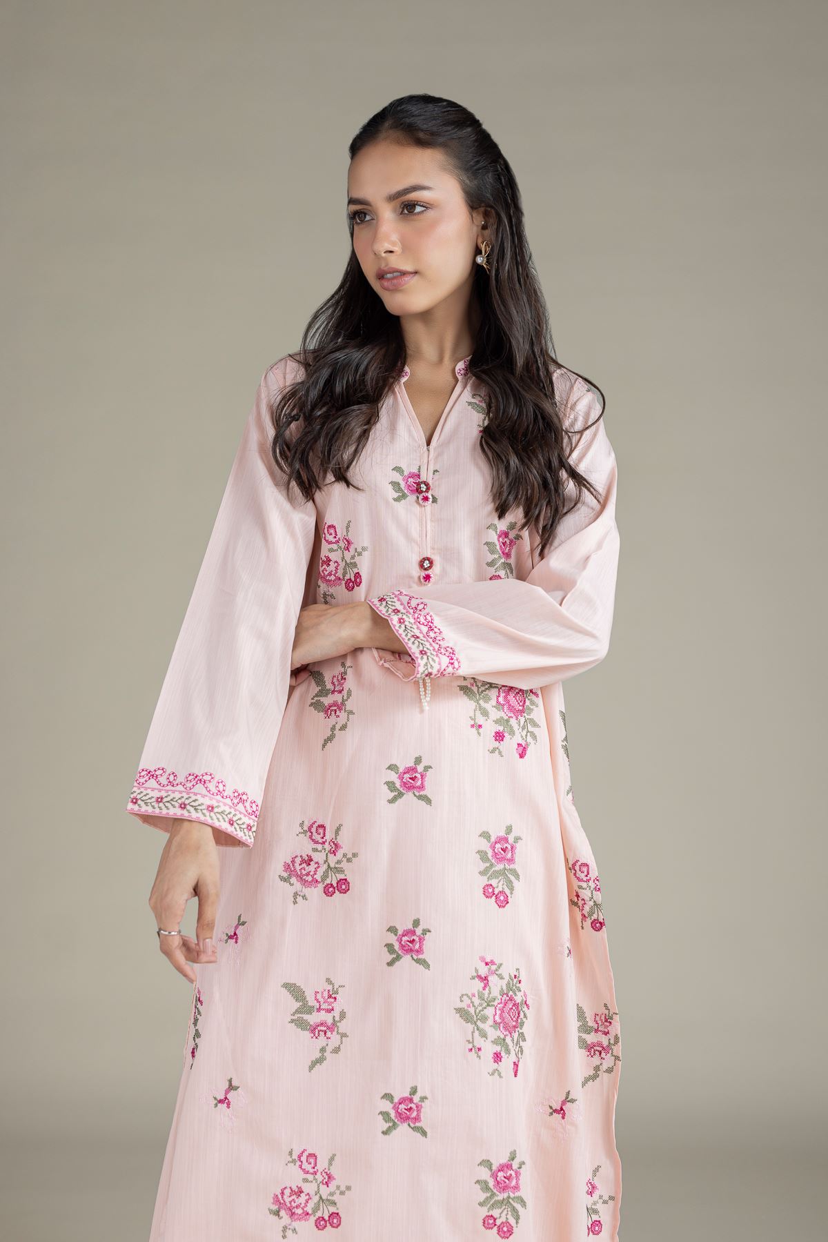 Embroidered Textured Cambric Floral Kurta - 1-26-120-A-D-VG