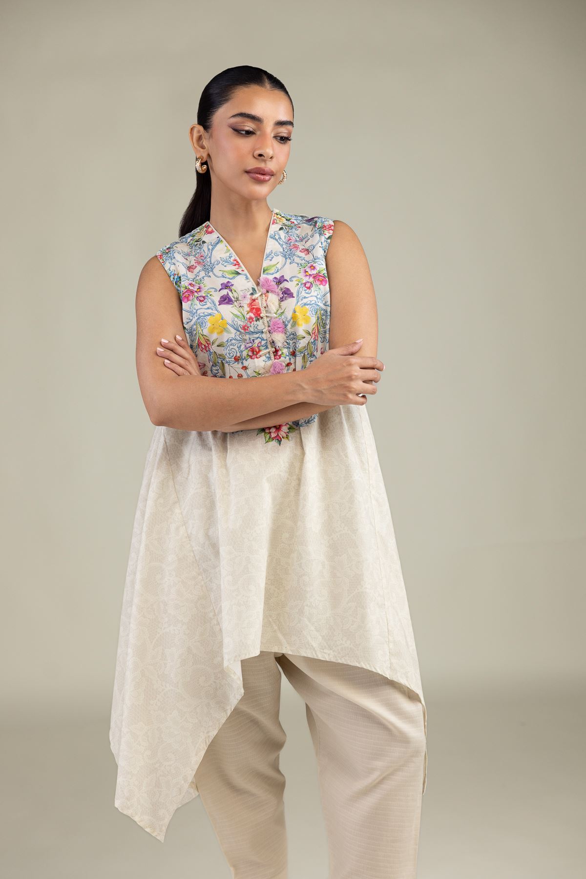 Printed Cotton Dobby Sleeveless Floral Kurta - 1-26-229-B-F1-VG