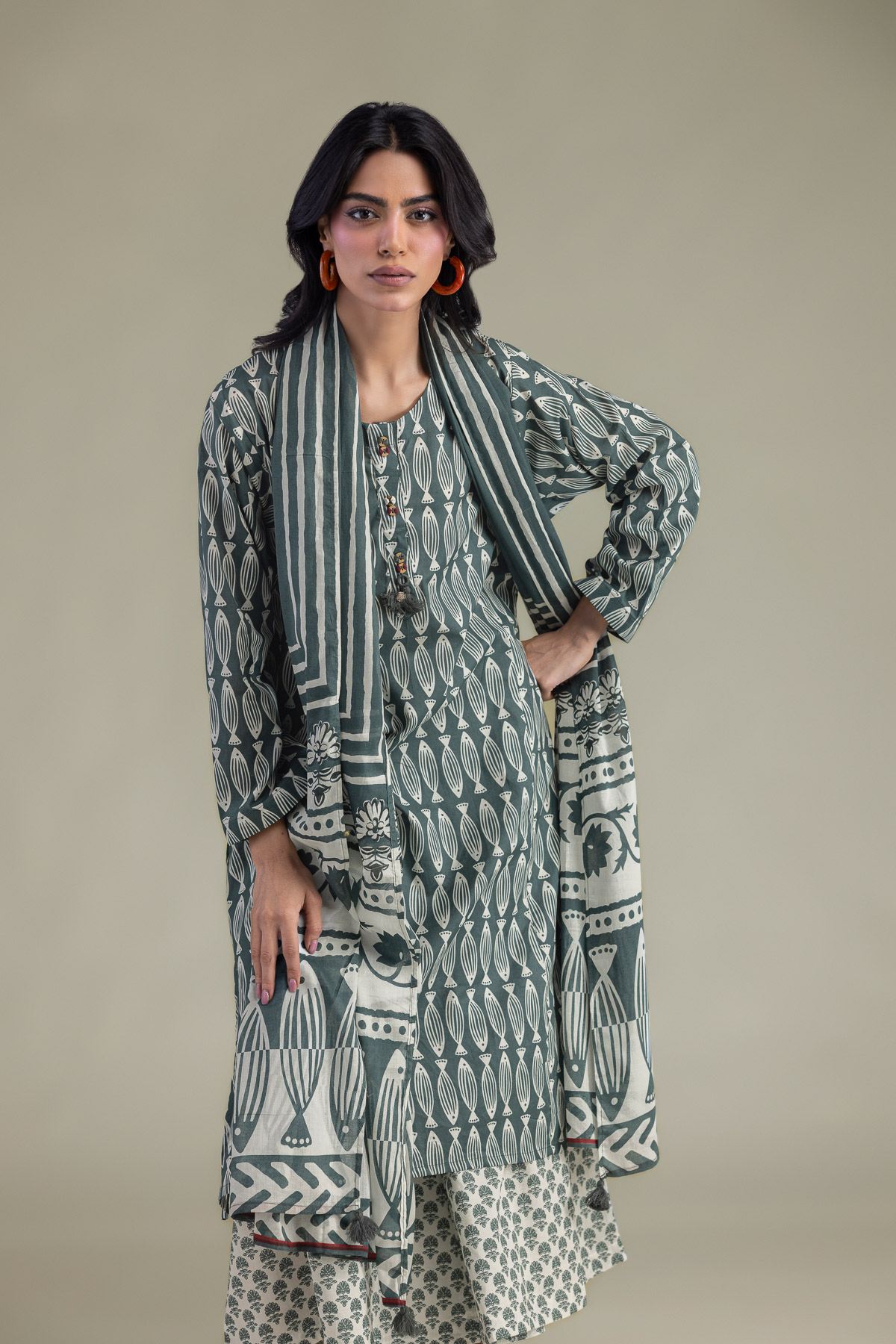 Printed Cambric Green Longline Kurta - 1-26-102-A-F-VG