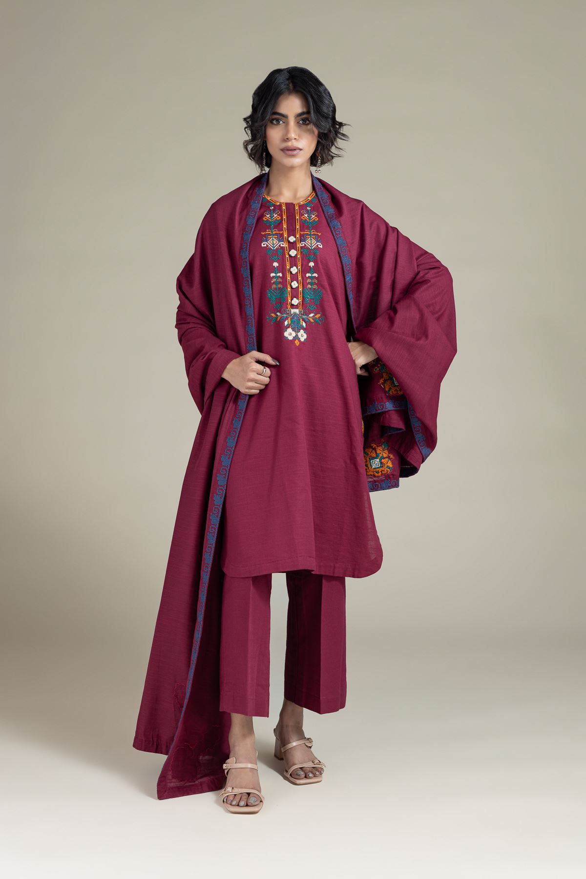Embroidered Textured Cotton Dupatta - 25-10-10S4-02TB-VG