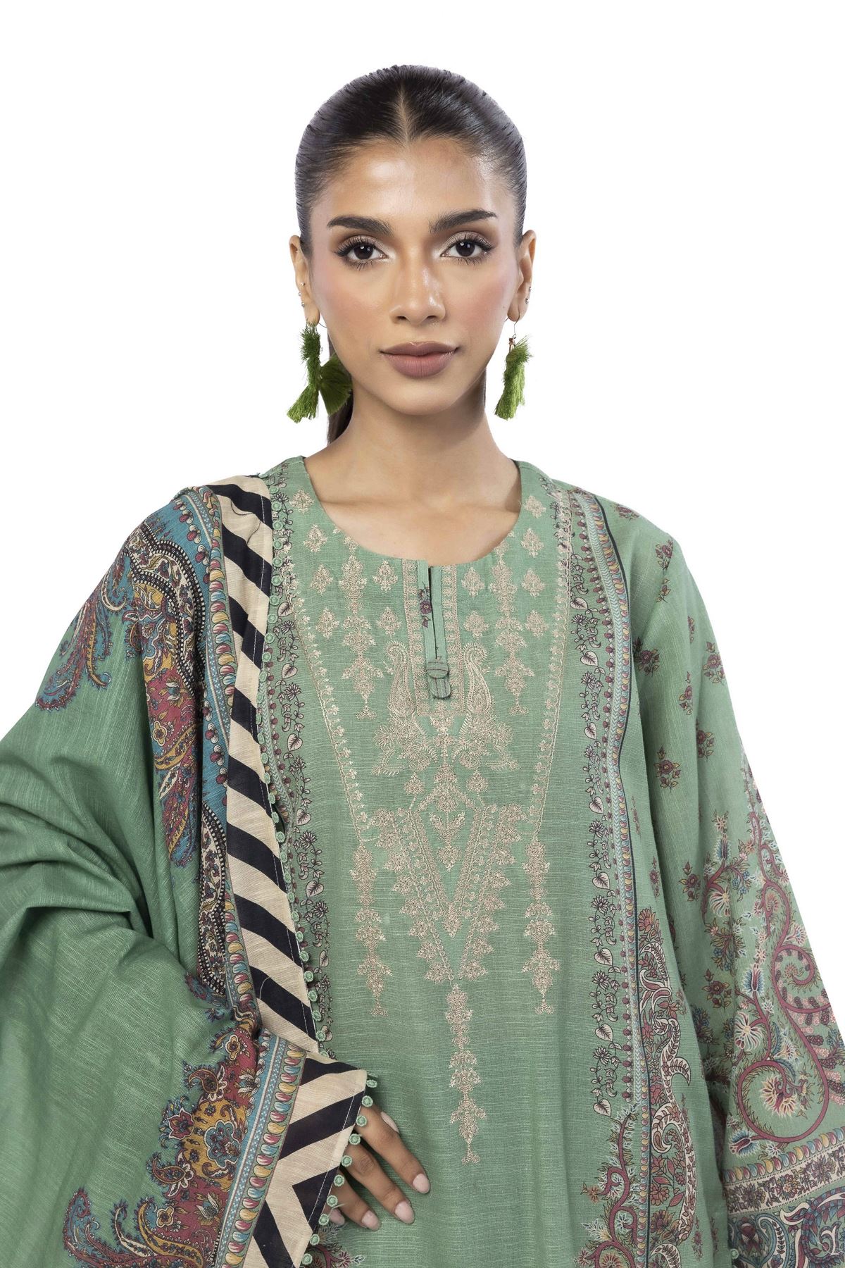 Embroidered Slub Cotton Fabrics 3 Piece - 1001908344