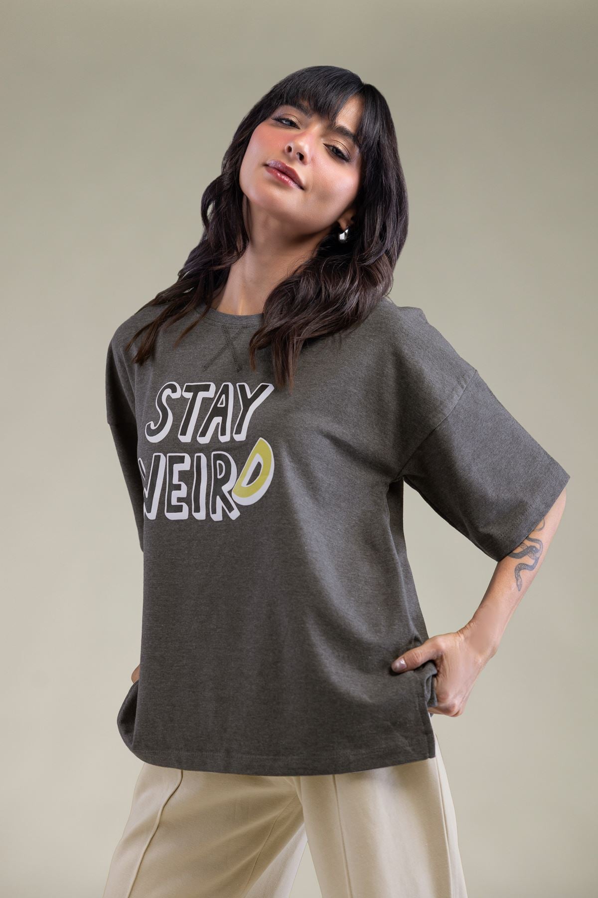 Embroidered Lycra Jersey Gray Round-Neck T-shirt - 3-26-204-A-H1-VG