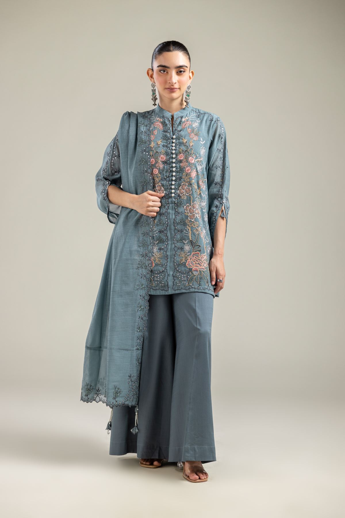 Paper Silk Floral Teal Dupatta - 2-26-202-A-G-VG