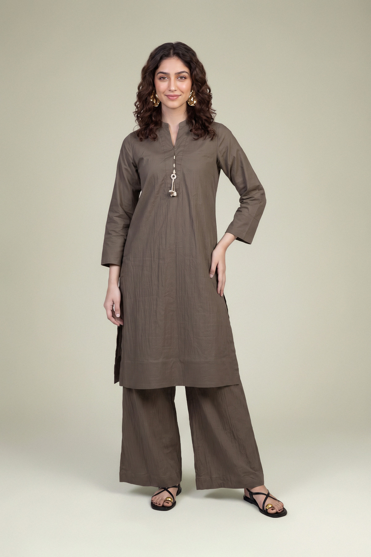 Embroidered Cotton Crinkle Brown Solid Pants - 1-26-102-A-F-VG