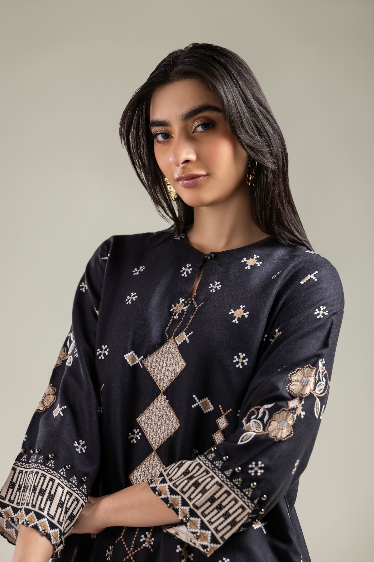 Embroidered Viscose Crepe Black Viscose Tunic - 1-26-142-A-D-VG