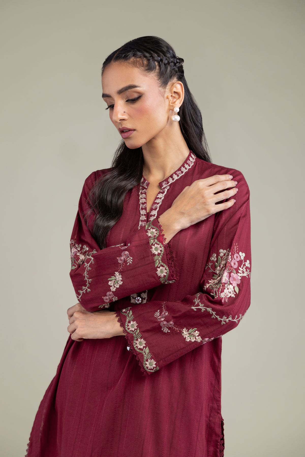 Embroidered Textured Cotton Floral Short Kurta - T-A11-26-114FF1-VG