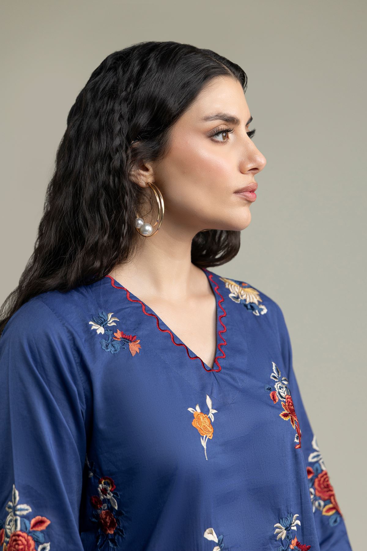 Embroidered Cambric Blue V-Neck Kurta - 2-26-212-A-H1-VG