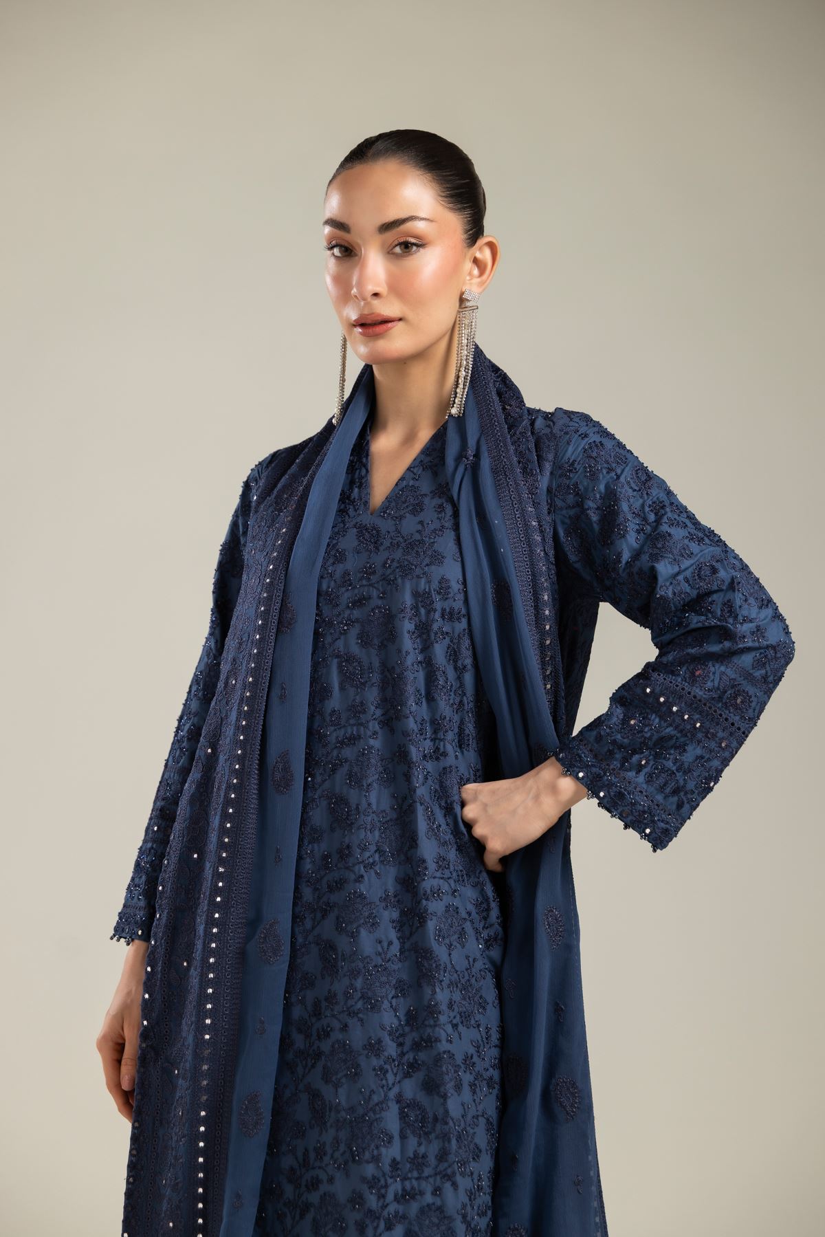Embroidered Raw Silk 3 Piece Co-ord Set - T-A22-26-124FC1-VG