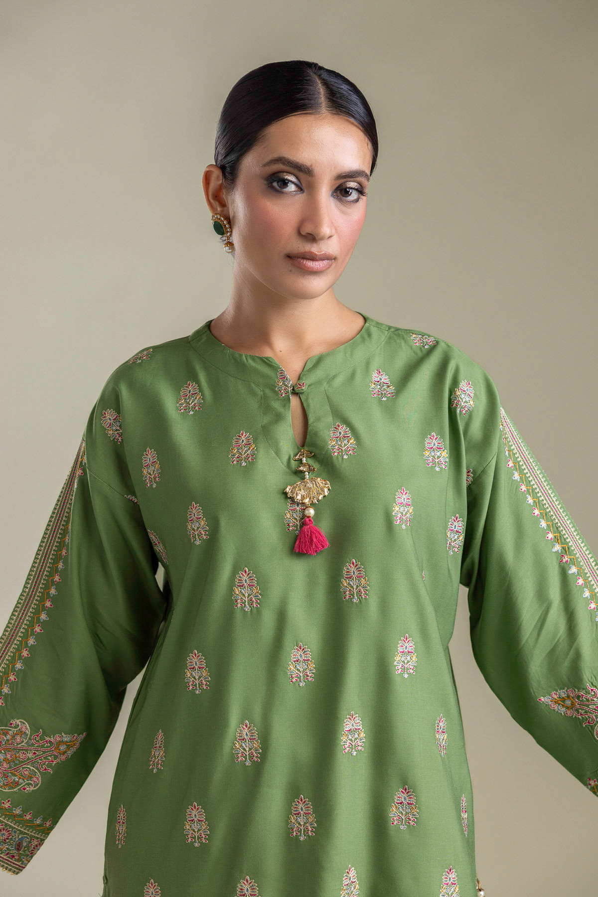 Embroidered Raw Silk Short Green Kurta - 2-26-403-A-J1-VG