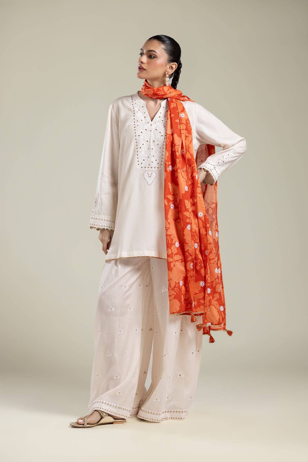 Embroidered Textured Weave Orange Floral Dupatta - 25-12-2E5-09TB-VG