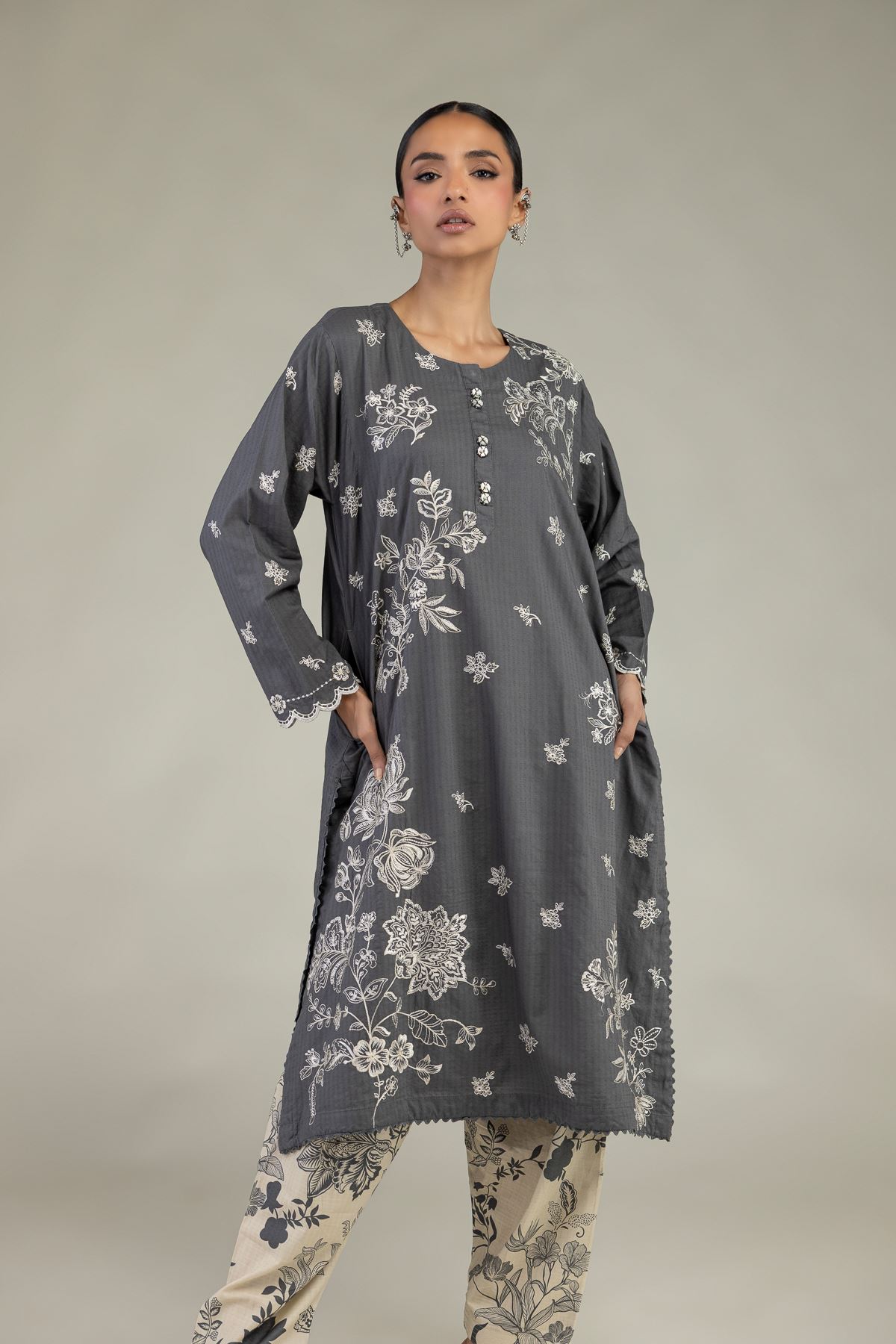 Embroidered Cotton Dobby Gray Longline Kurta - 1-26-226-A-I1-VG