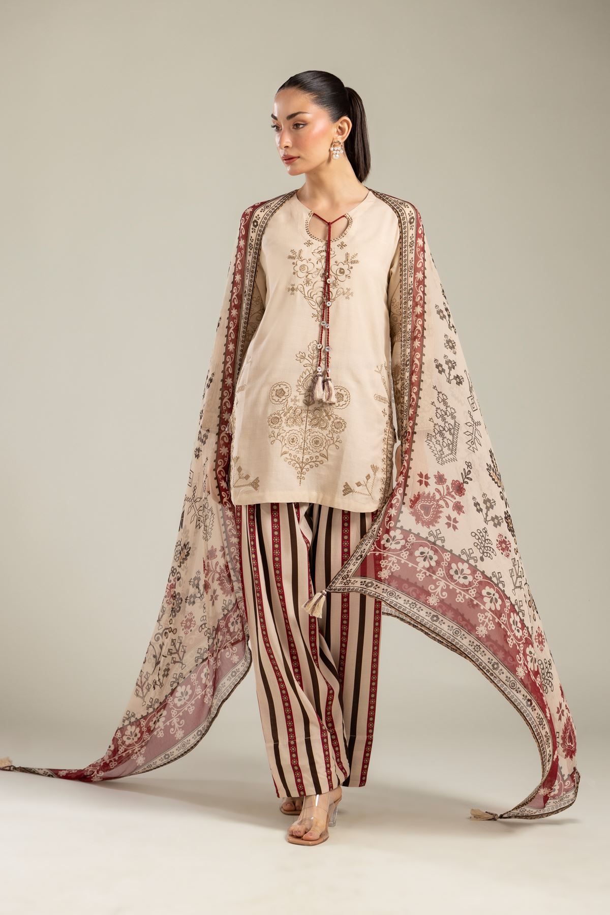 Embroidered Chiffon Floral Beige Dupatta - 2-26-202-A-D-VG