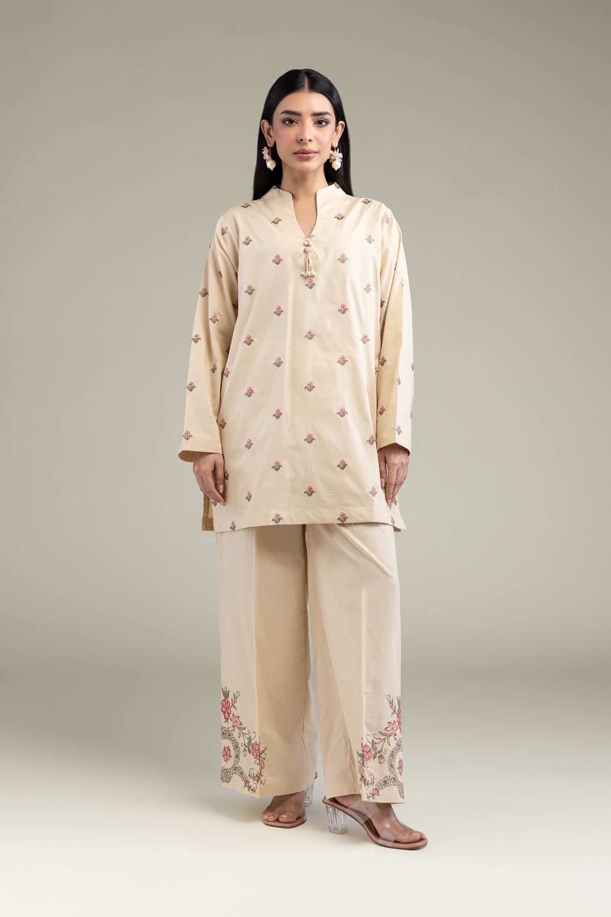 Embroidered Cambric Floral V-Neck Kurta - 1-26-247-A-G1-VG