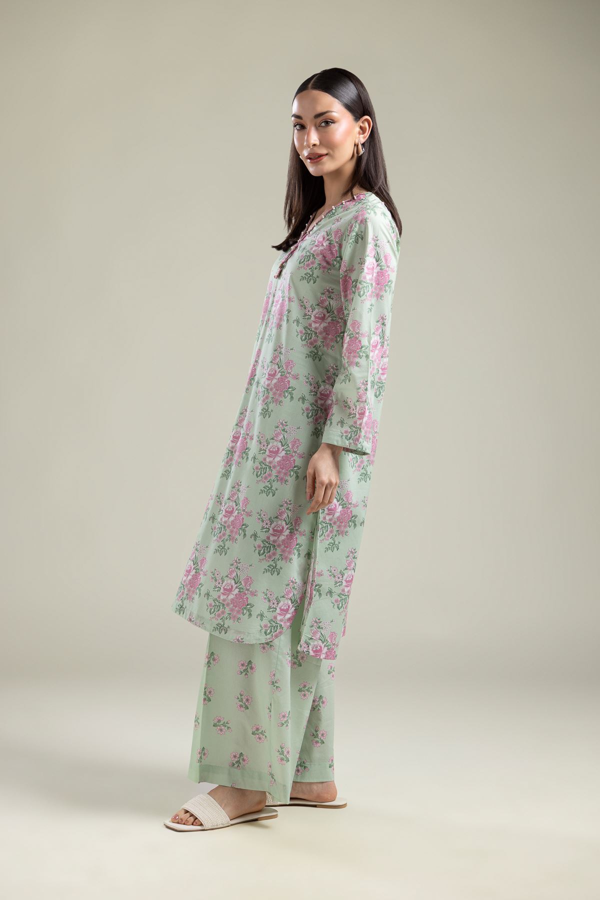 Printed Cotton Viscose Floral Mint Pants - 1-26-139-A-E-VG