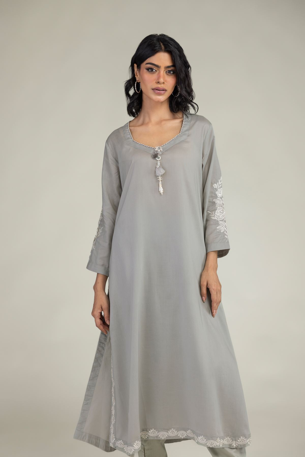 Embroidered Lyocell Gray Longline Kurta - 8-26-208-A-E1-VG