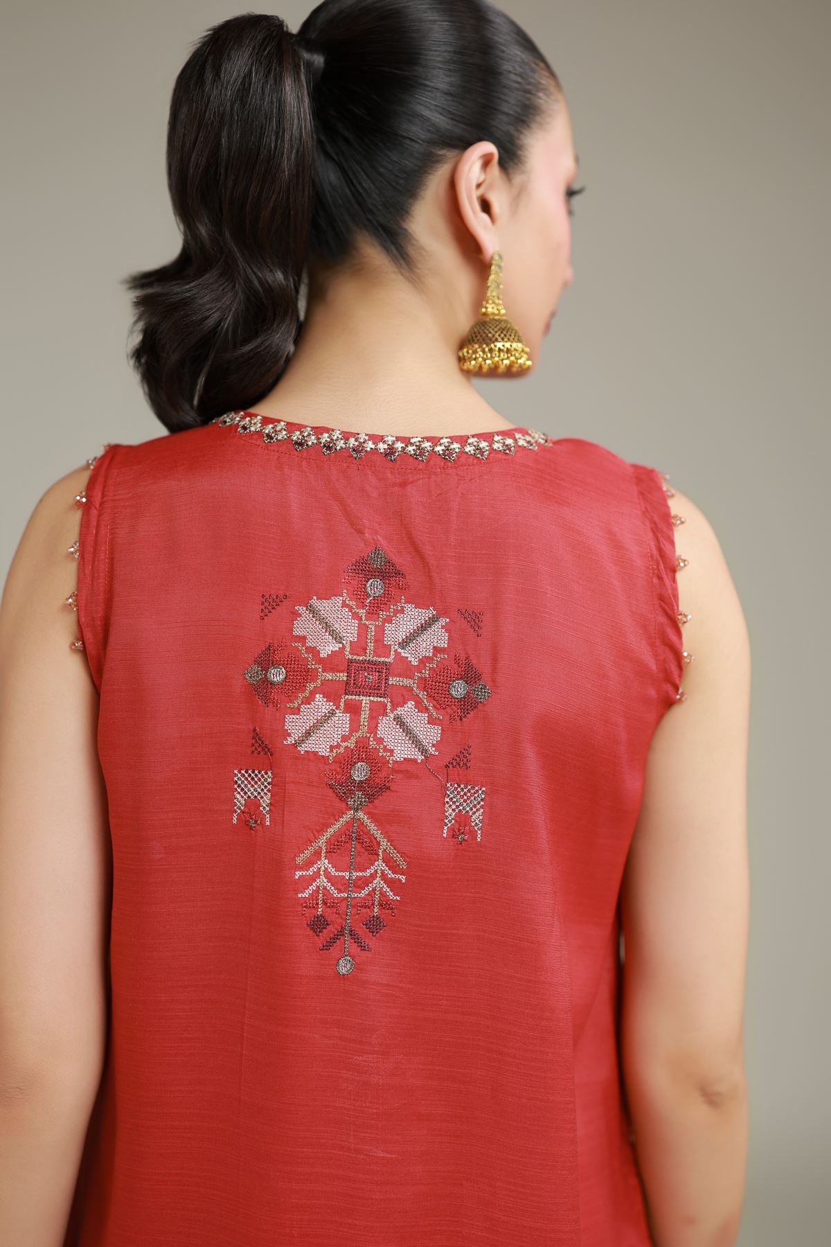 Embroidered Raw Silk Printed Rust Kurta - 1-26-137-A-B-VG