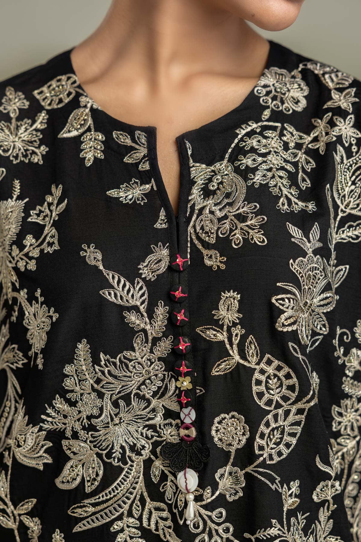 Embroidered Raw Silk Black Floral Kurta - 2-26-202-A-D-VG