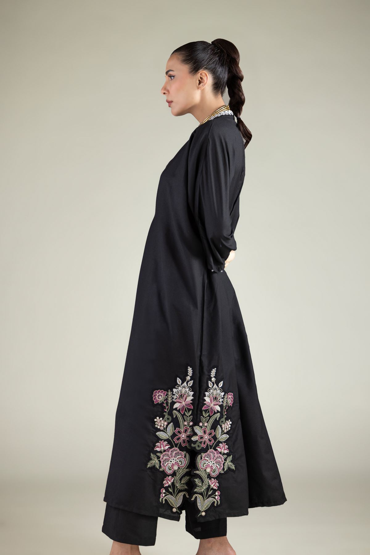 Embroidered Raw Silk Floral Longline Kurta - 2-26-108-F-D-VG