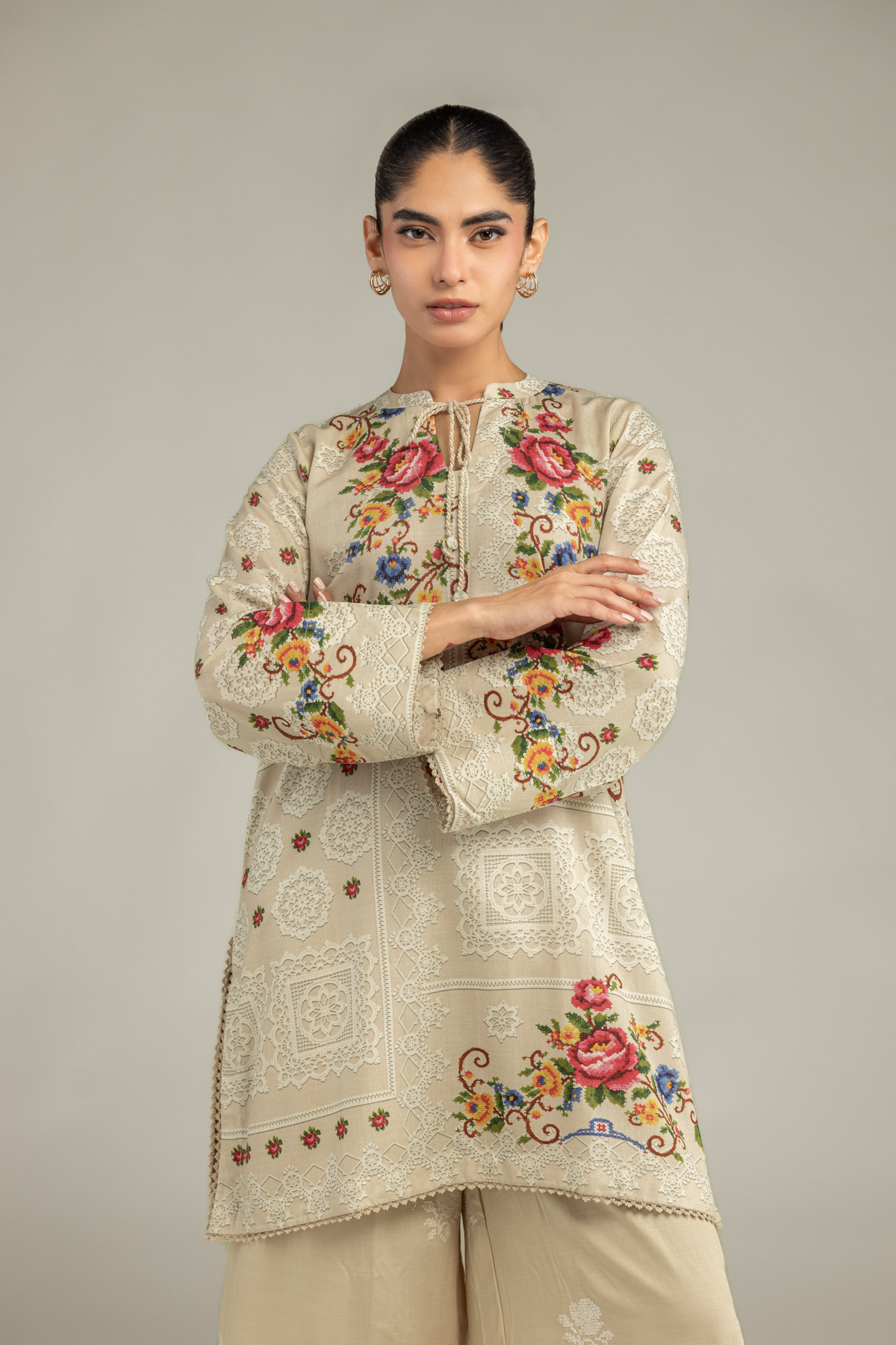 Embroidered Raw Silk Floral Beige Kurta - 1-26-102-A-F-VG