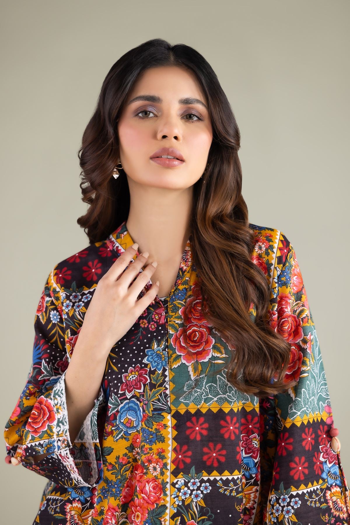 Embroidered Textured Cotton Floral V-Neck Kurta - 1-26-144-B-E-VG