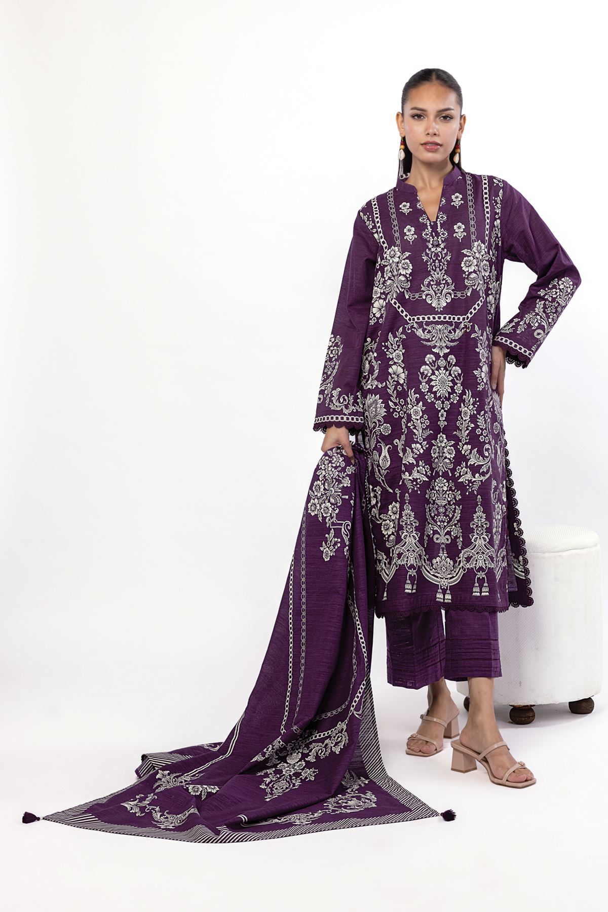 Printed Slub Cotton Tailored 3 Piece - 1001912695