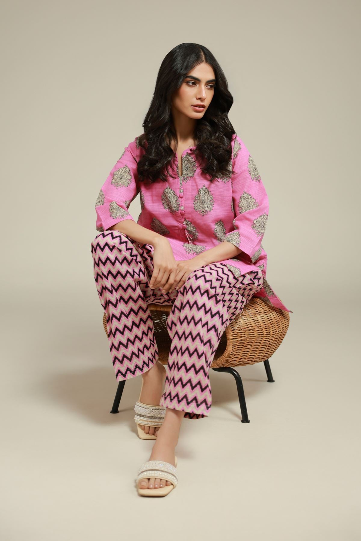 Printed Textured Cotton Mughal Motif Kurta - 25-10-12E11-07TA-VG