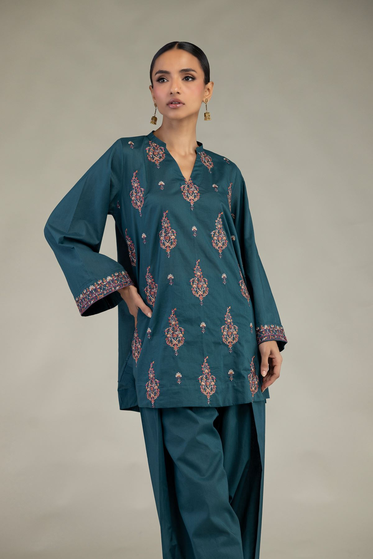 Embroidered Cambric Short Teal Kurta - 1-26-325-A-I1-VG