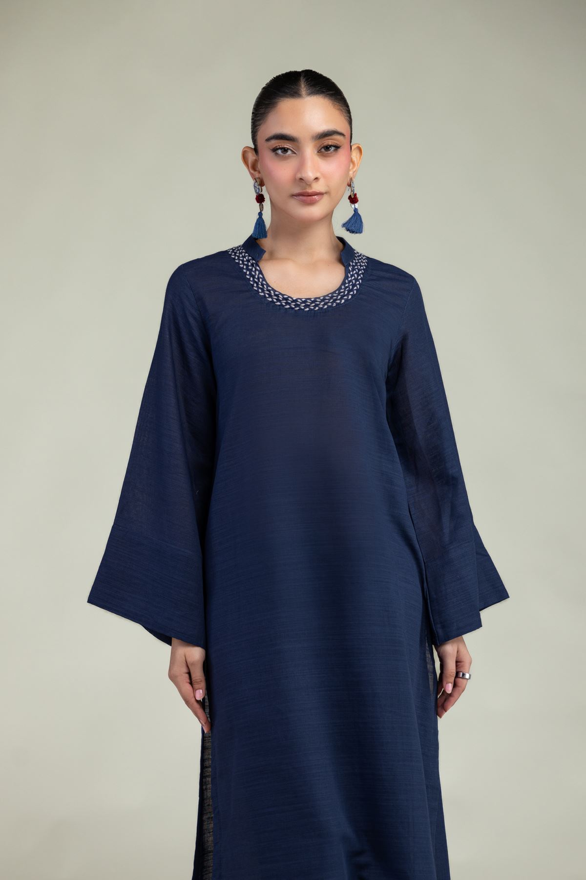 Dyed Textured Cotton Navy Round-Neck Kurta - 12-26-106-F-D-VG