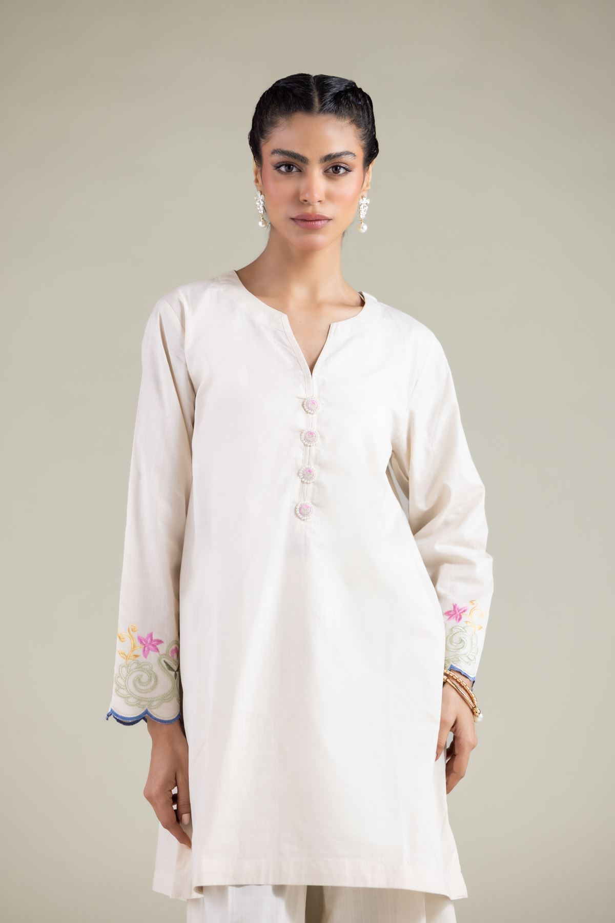 Embroidered Textured Cotton Floral V-Neck Kurta - 1-26-108-A-F-VG