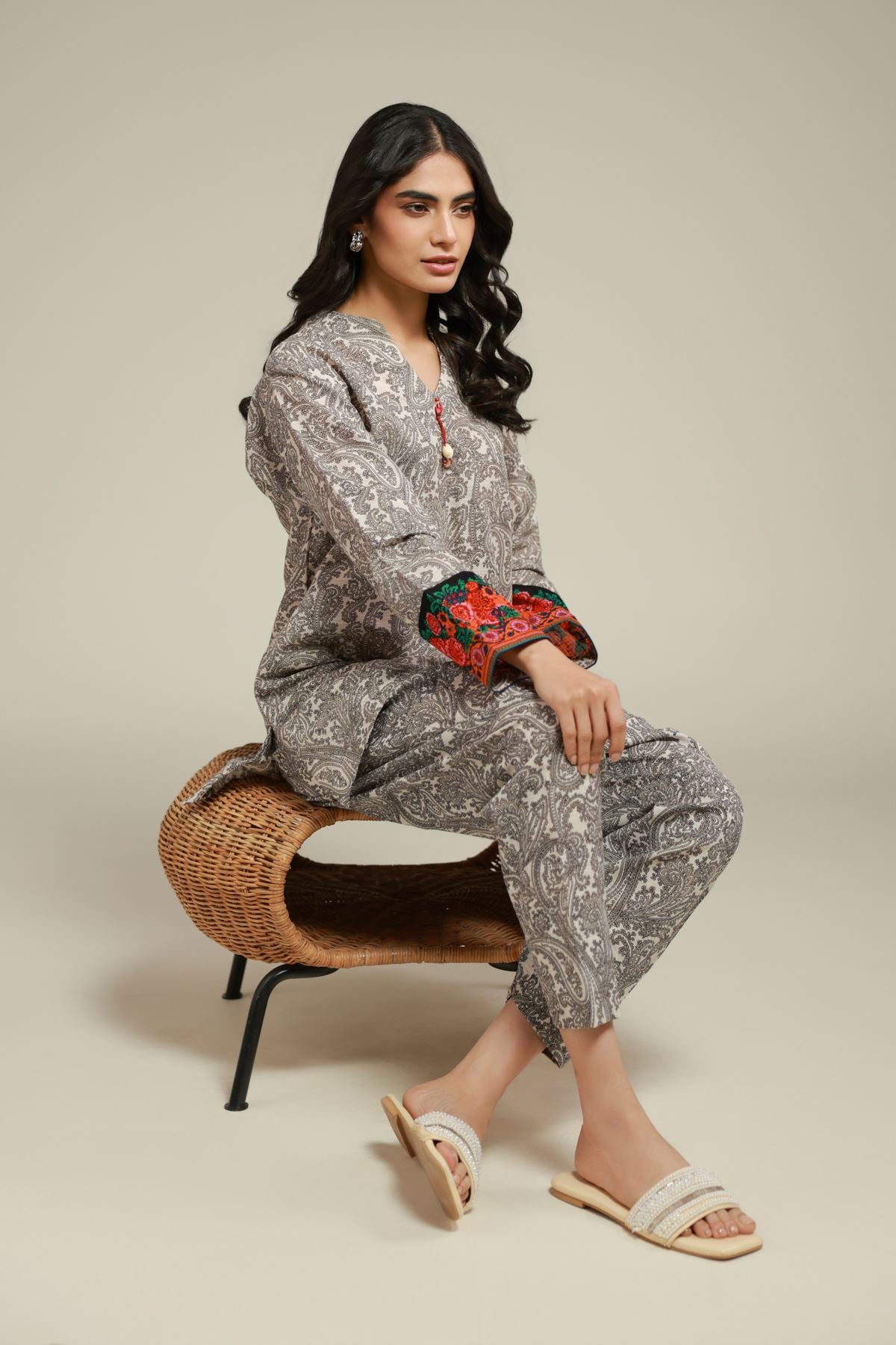 Printed Textured Cotton Short Paisley Kurta - 1-26-143-A-F-VG