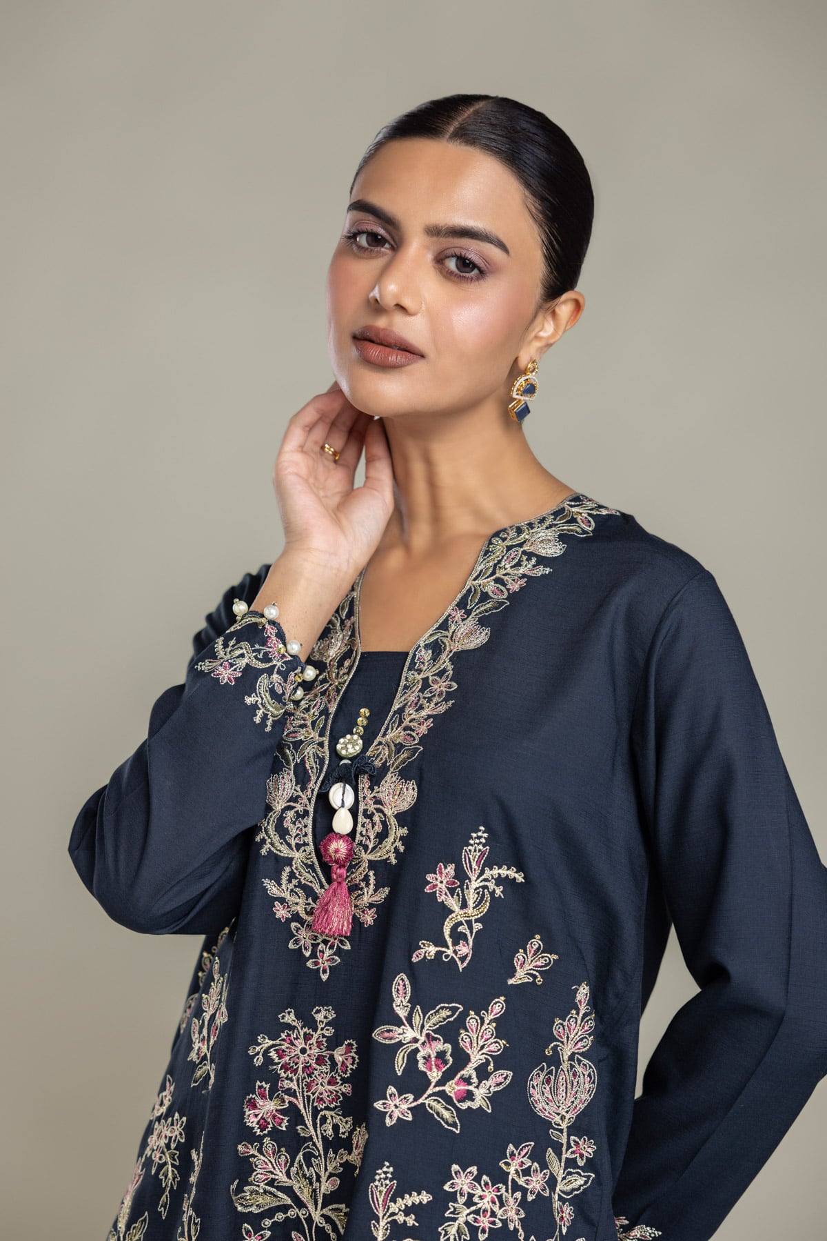 Embroidered Raw Silk Short Navy Kurta - 2-26-202-A-D-VG