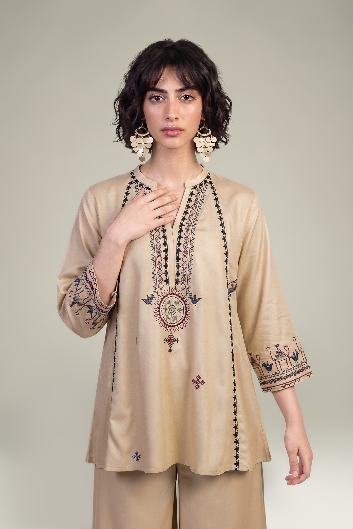 Embroidered Viscose Crepe Beige V-Neck Tunic - 1-26-309-B-D1-VG