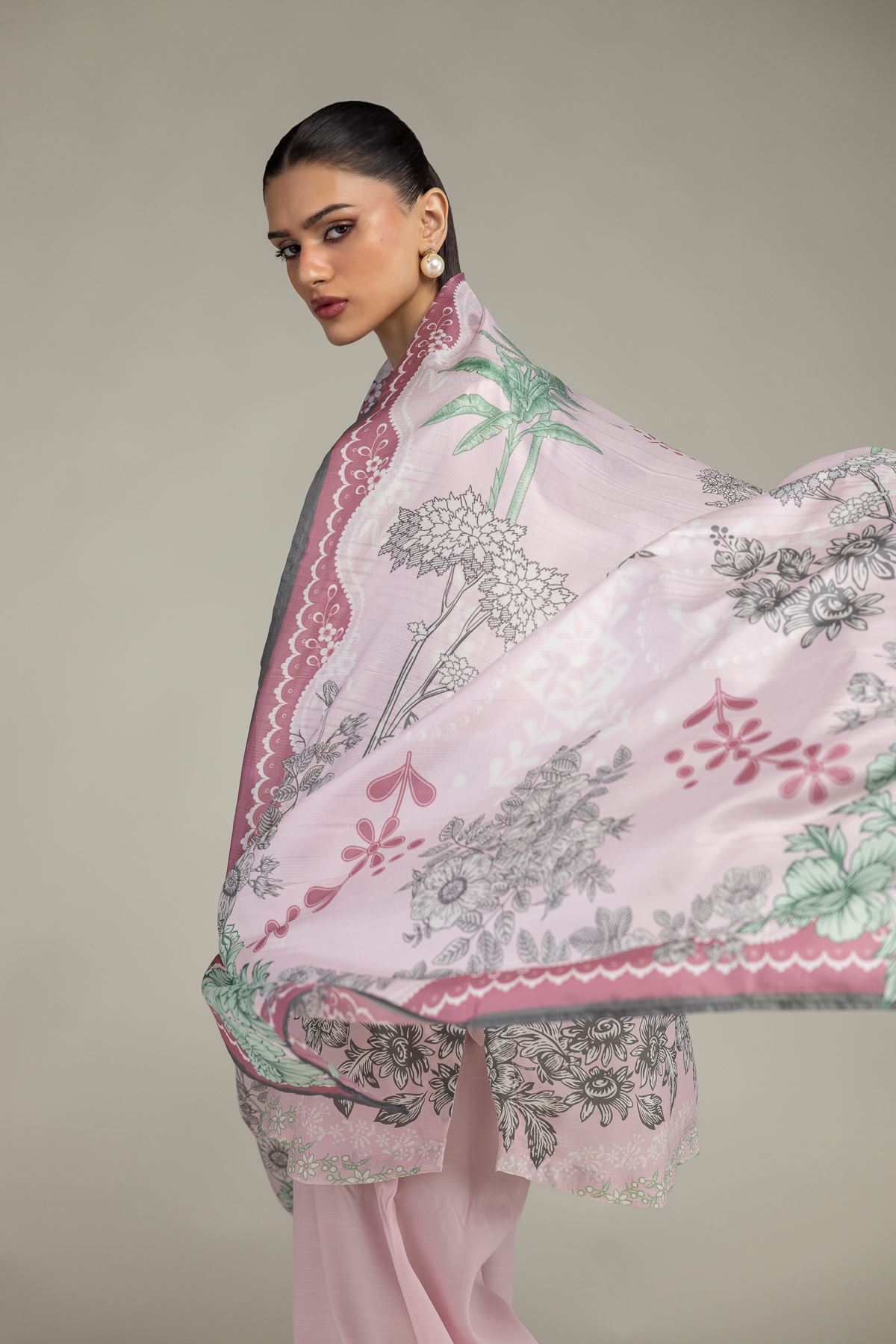 Embroidered Polyester Silk Floral Pink Dupatta - 2-26-208-A-F1-VG
