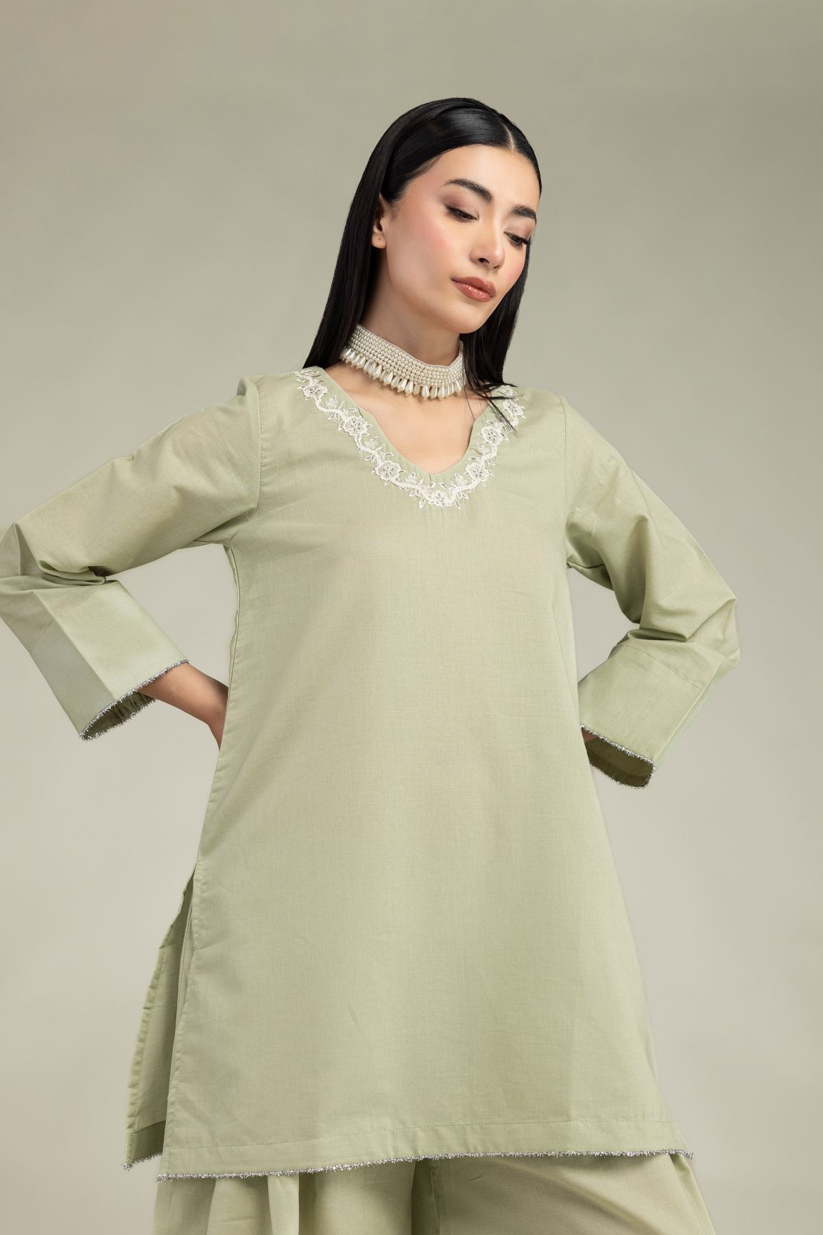 Embroidered Mesuri V-Neck Mint Kurta - 1-26-205-A-F1-VG