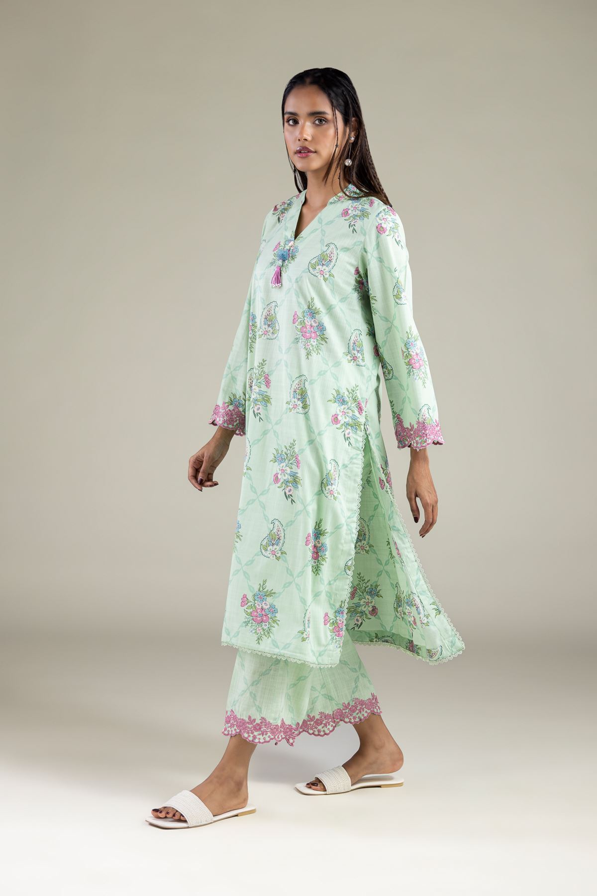 Embroidered Textured Cotton Pants - 1-26-143-A-H-VG