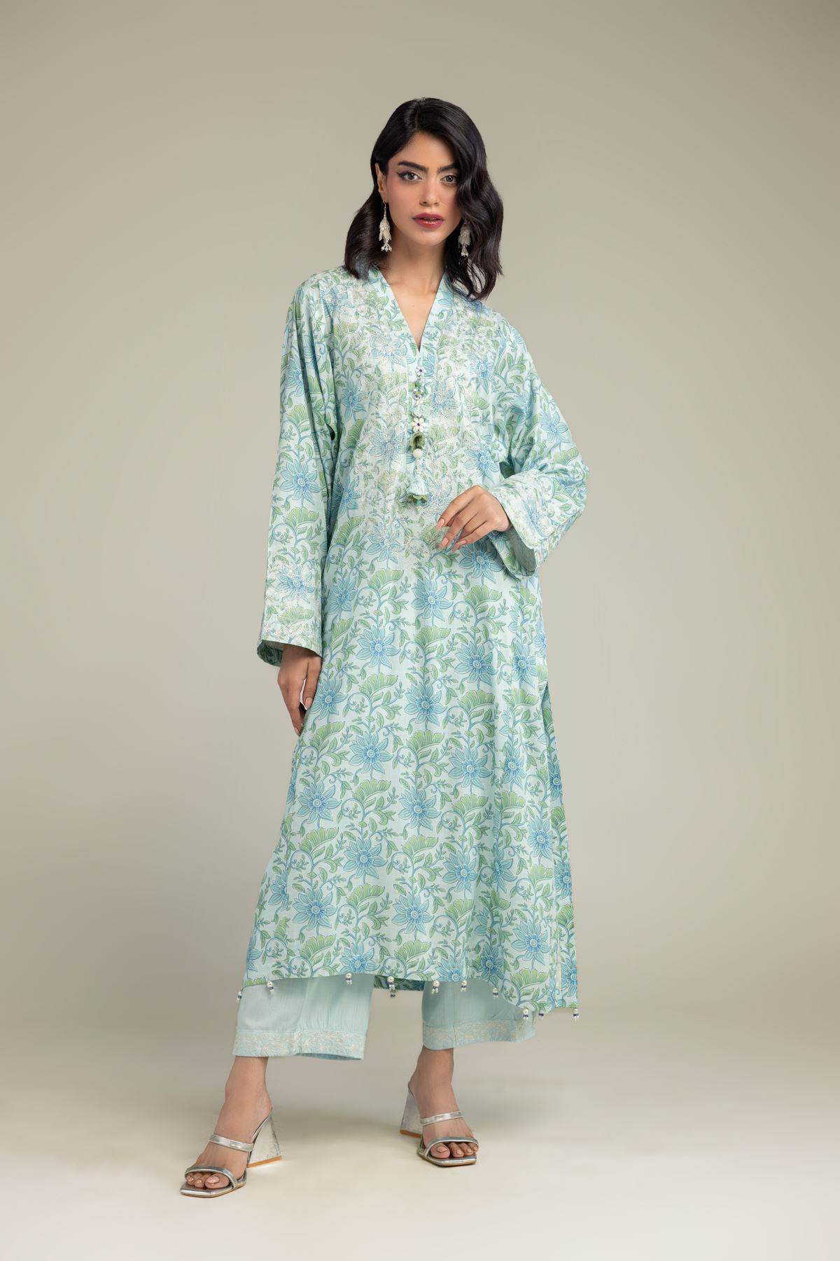 Embroidered Raw Silk Long Floral Kurta - 1-26-309-B-D1-VG