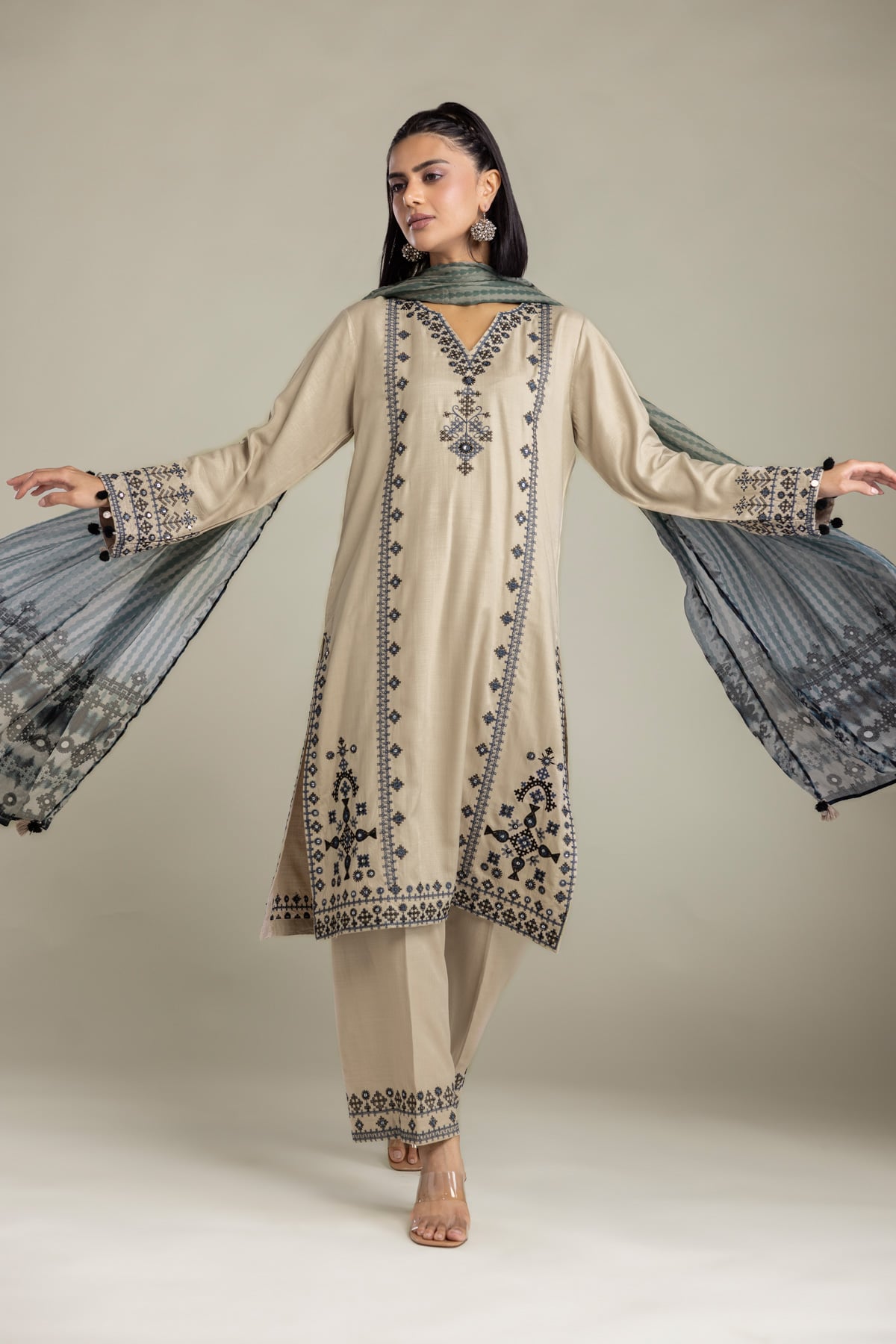 Embroidered Raw Silk 3 Piece Tailored - 1-26-408-A-B1-VG