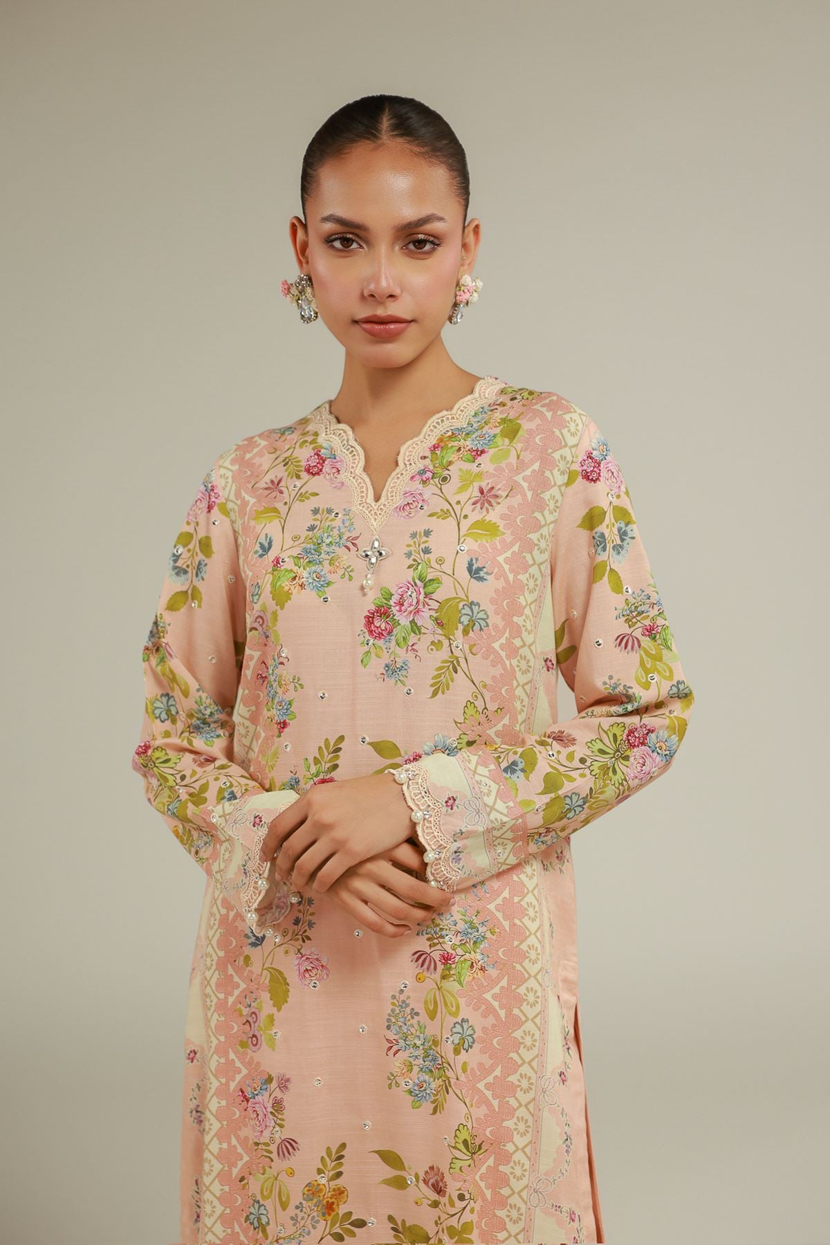Embroidered Raw Silk Floral Longline Kurta - 2-26-101-A-D-VG