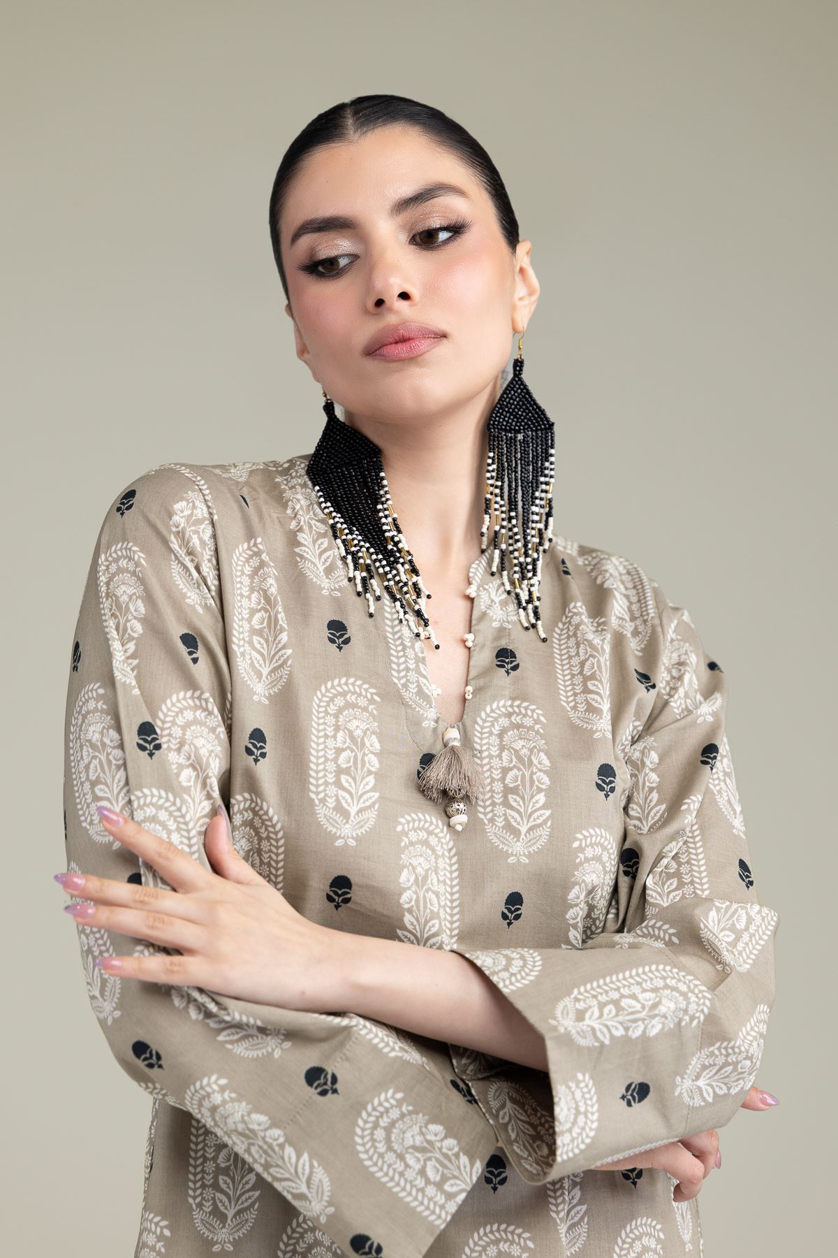 Printed Cambric Paisley Longline Kurta - 25-10-12E6-07BA-VG