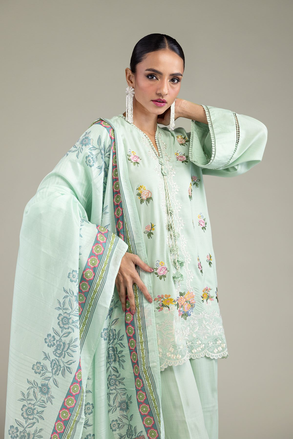 Embroidered Polyester Silk Mint Floral Dupatta - 2-26-209-A-D1-VG