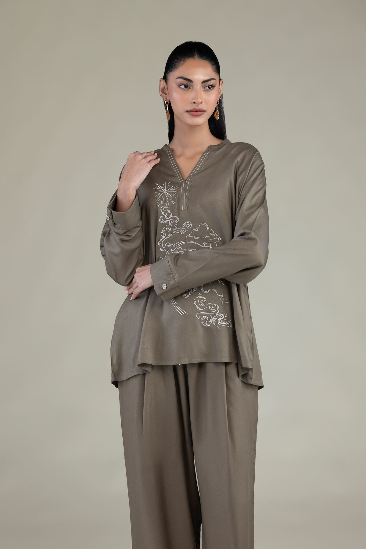 Embroidered Viscose Crepe Olive V-Neck Tunic - 2-26-308-A-B1-VG