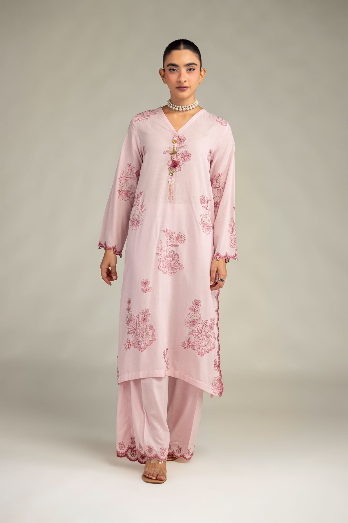 Embroidered Raw Silk Pink Longline Kurta - 1-26-322-B-A1-VG