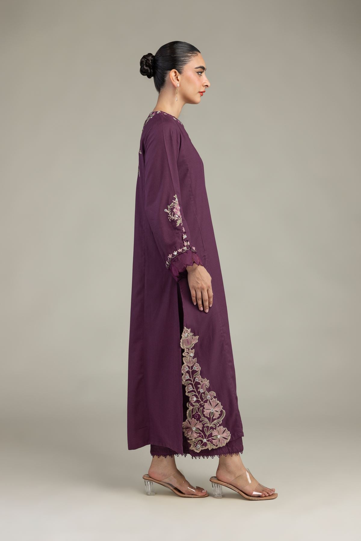 Embroidered Raw Silk Floral Threadwork Kurta - 12-26-106-F-D-VG