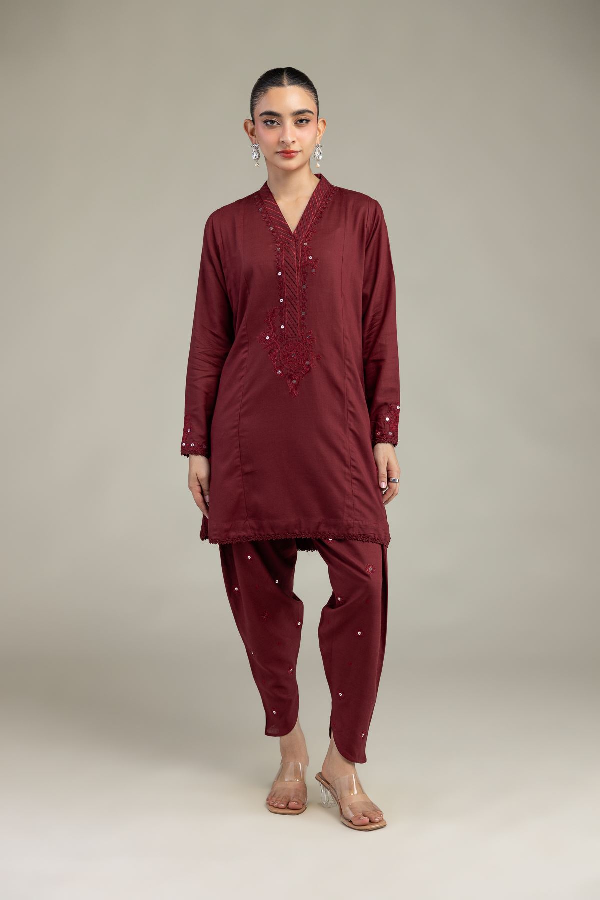 Embroidered Raw Silk Maroon Silk Shalwar - 2-26-210-A-A1-VG