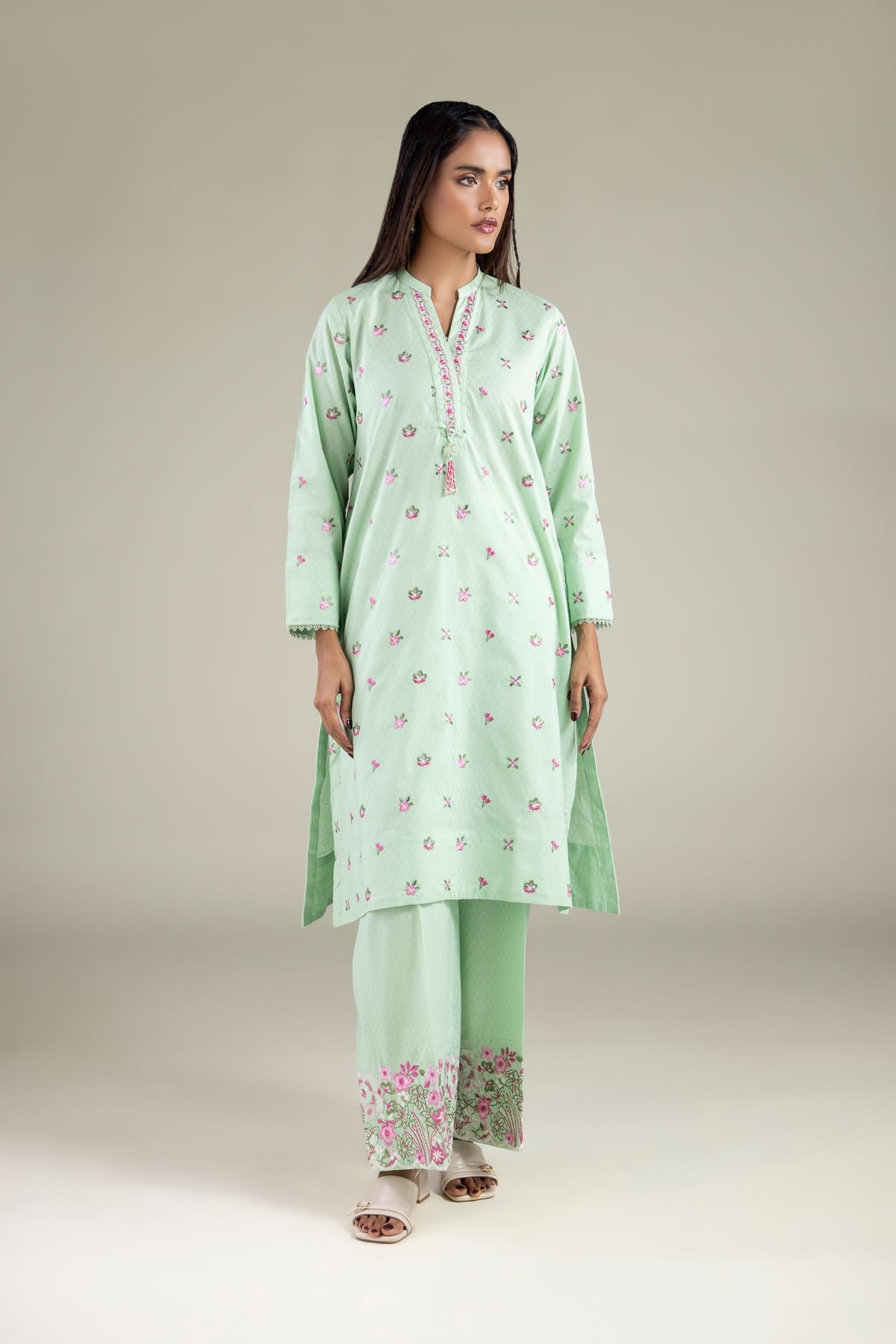 Embroidered Cotton Dobby Floral Band-Collar Kurta - 2-26-101-A-D-VG